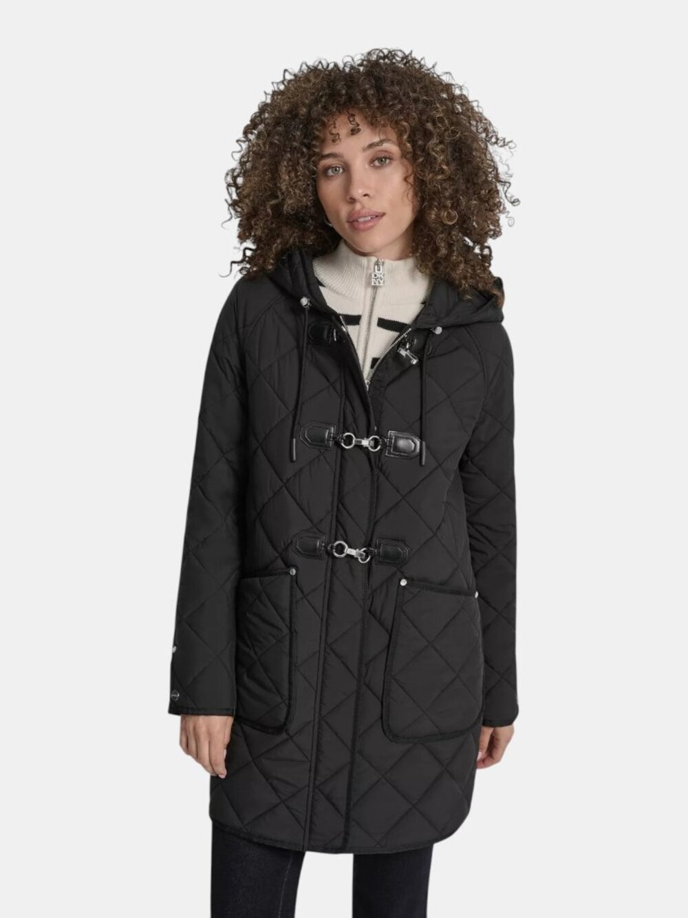 NWT DKNY BLACK HOODED TOGGLE QUILTED COAT WATER RESISTANT MID LENGTH SIZE L